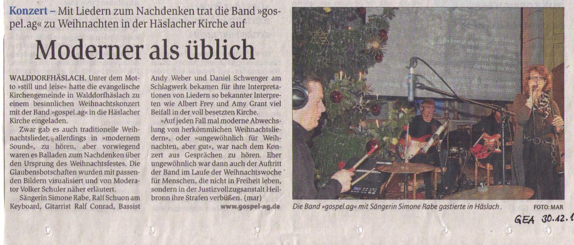 Weihnachtskonzert 'still & leise' mit der Gospel.AG Band in Walddorfhäslach